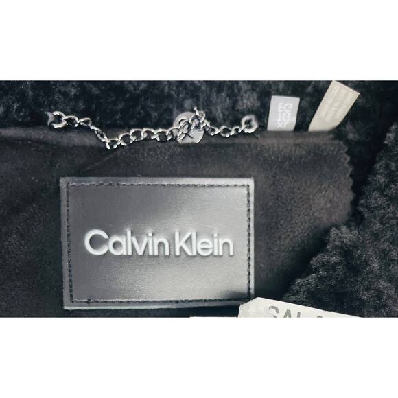 CALVIN KLEIN XL black faux leather sherpa double breasted coat jacket NWT B113 - Picture 4 of 9